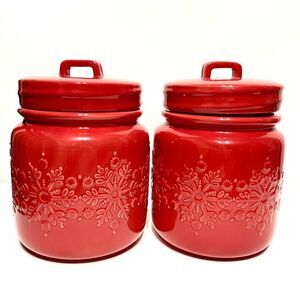 Crate & Barrel Glazed Snowflake Cookie Jars in Red
